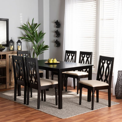 Gautieri 7-Pc Dining Set in Sand Fabric and Dark Brown Finished Wood, 38.6'' H X 18.7'' W X 19.3'' D