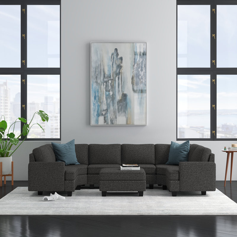 Anureet Modular U-Shaped Sectional with Storage Ottoman, Dark Gray 100% Polyester