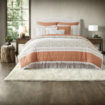 Elegant Cotton Percale Bedding Set, Coral, Farmhouse Style, Queen For Home