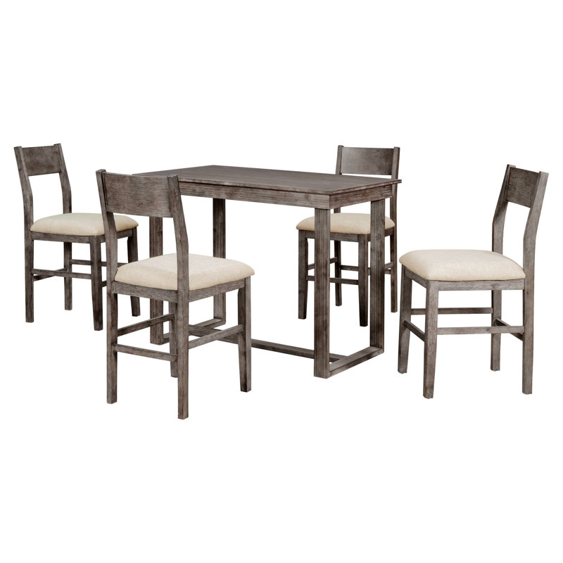 Gray Rubberwood Farmhouse Counter Height Dining Set with Cushioned Chairs