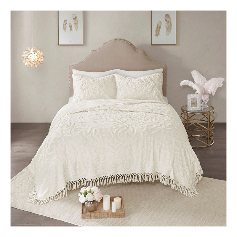 Ensemble de couvre-lit Boho Medallion Chenille - Literie en coton touffeté blanc cassé avec frange, Ivoire ivoire