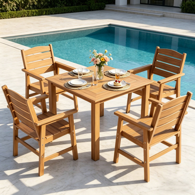 Ensemble de salle à manger de patio pour 4 personnes toutes saisons Ensemble de table et chaises d'extérieur toutes saisons avec cadre en aluminium pour l'extérieur, jardin, terrasse, bord de piscine, teck