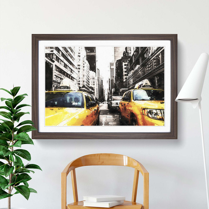 Two Yellow Taxi Cabs in New York in Abstract - Picture Frame Painting Print, Walnut Framed, 48cm H x 65cm W x 2cm D