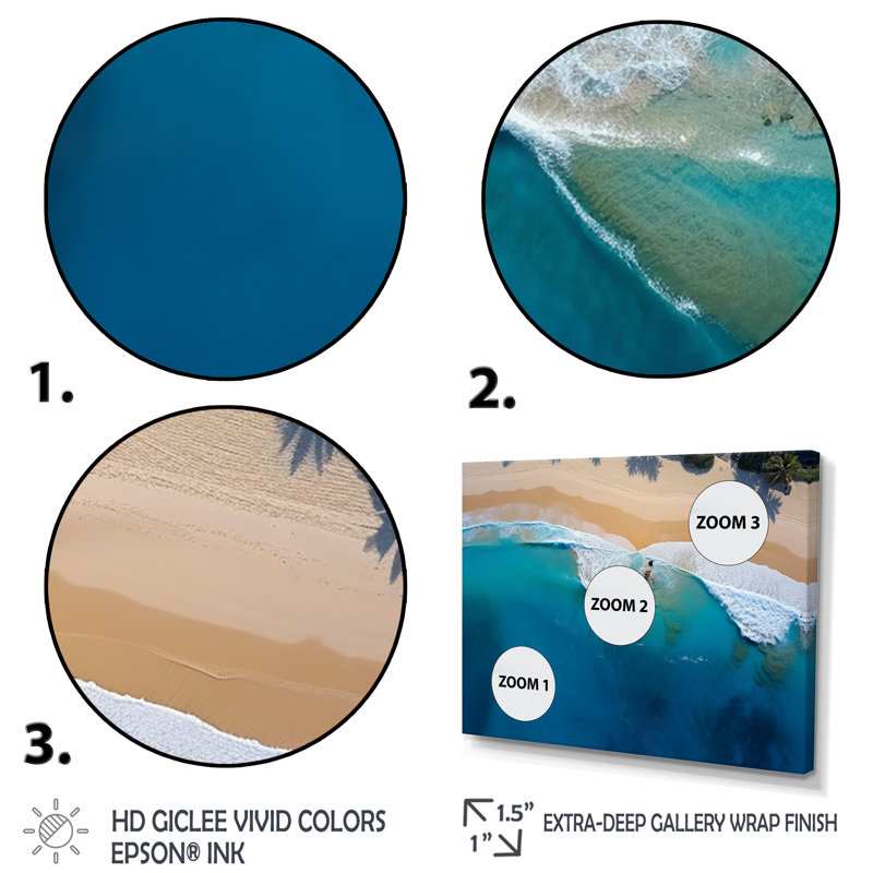 Vue aérienne de la plage côtière paradisiaque IV - art mural plage, Cadre flottant blanc, H 16 po x l 32 po x P 1 po