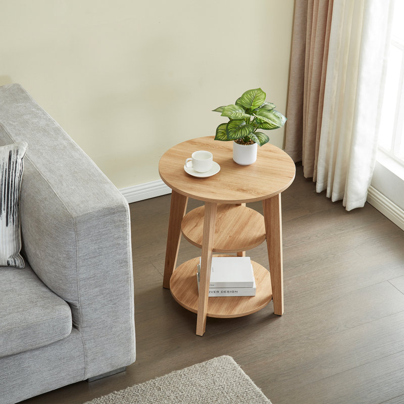 Round End Table, 3-Tier Side Table with Storage Shelf, Wood Nightstand for Living Room,Bedroom, Natural