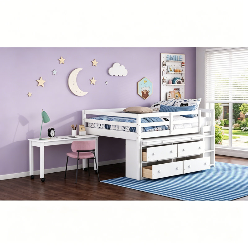 Lit mezzanine avec bureau d'écriture rétractable et 4 tiroirs, lit plateforme avec tablettes, Double, Blanc