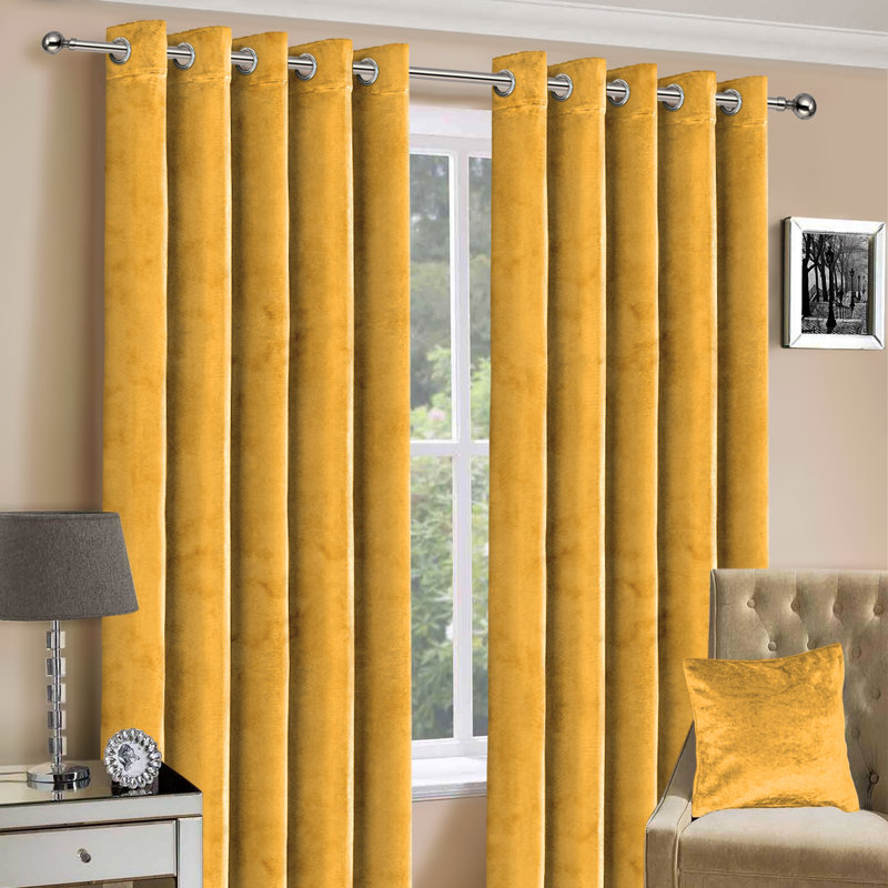 Hollange Crushed Velvet Eyelet Windows Panel Curtains, Ochre, 168 W x 183 D cm