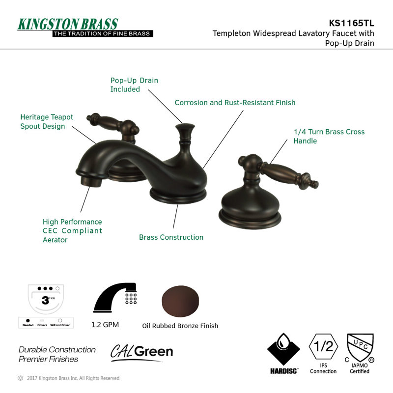 Kingston Brass Heritage Two-Handle 3-Hole Deck Mount Widespread Bathroom Faucet with Brass Pop-Up Drain, Oil Rubbed Bronze