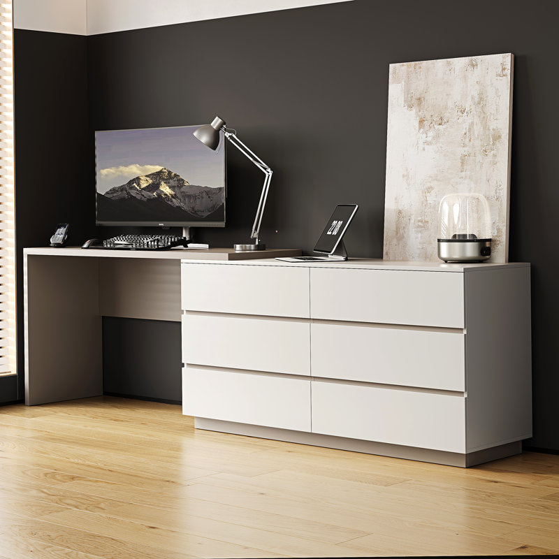 Extendable Vanity Dressing Table Adjustable L-Shaped Home Office Vanity Desk With 6 Drawers, Khaki/Beige