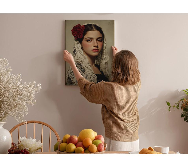 Espagnole avec une toile rose: portrait élégant, H 30 po x l 20 po
