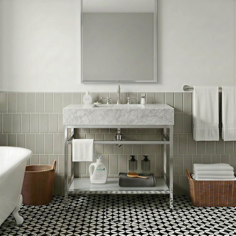 Meuble-lavabo de 36 po en marbre de Carrare naturel avec lavabo, structure en acier inoxydable argenté et tablette en verre
