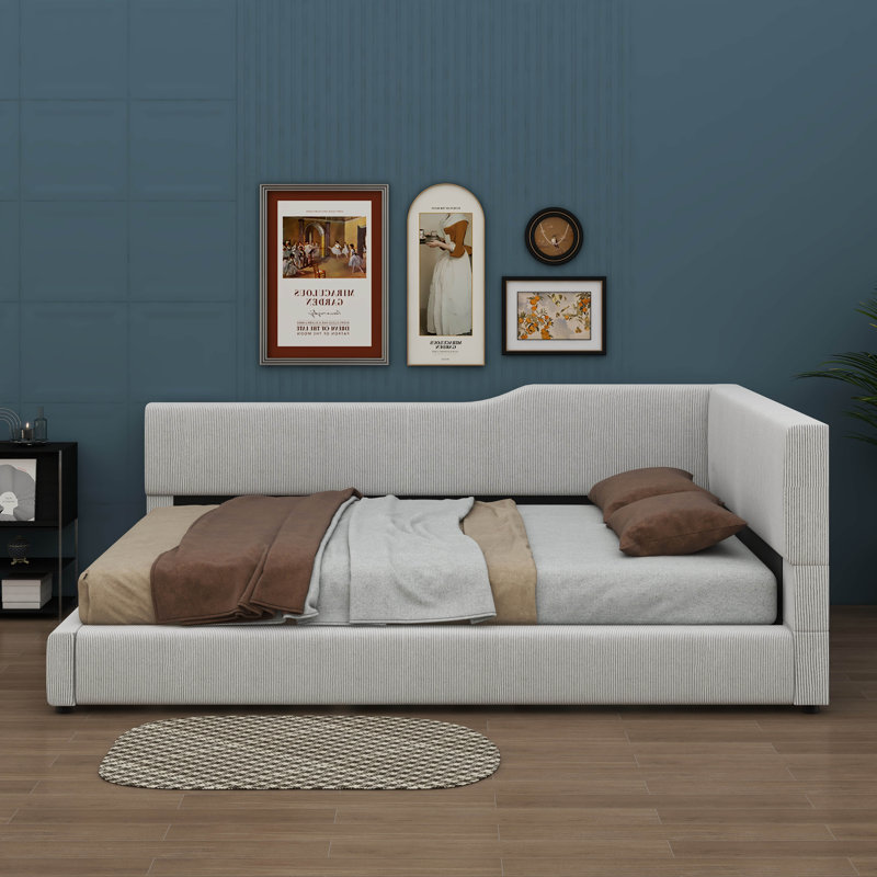 Structure de lit moderne rembourrée en forme de L avec velours côtelé, Beige, Lit double