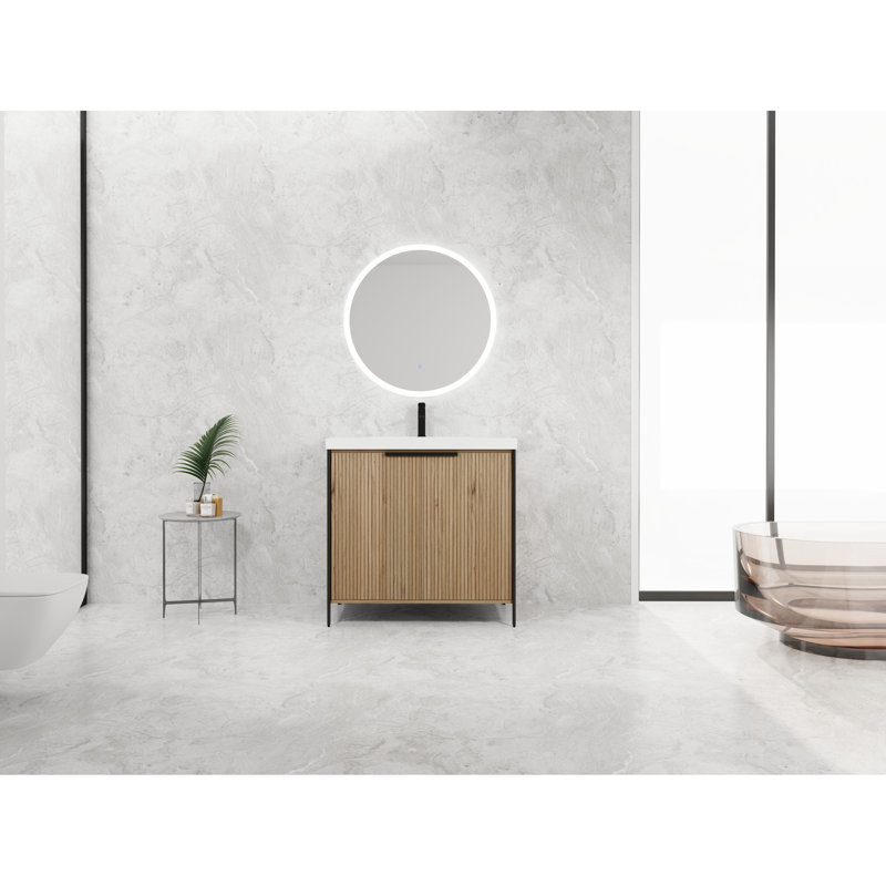 Meuble-lavabo de salle de bain avec lavabo en résine et portes à fermeture en douceur. 36 po. Conception autoportante. Style moderne. Contreplaqué fabriqué. Option de couleur café dans l'évier. Fermeture en douceur. Contreplaqué. Armoire colorée