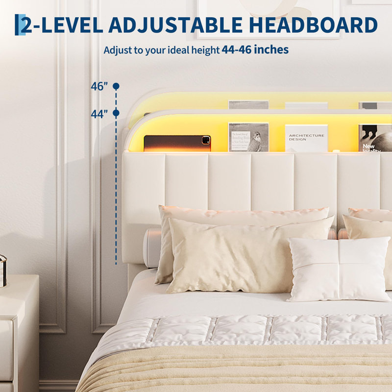 Grand / double / simple lit en velours avec tête de lit réglable et rangement à 2 tiroirs avec plateforme et sommier sans assemblage facile pour la chambre à coucher