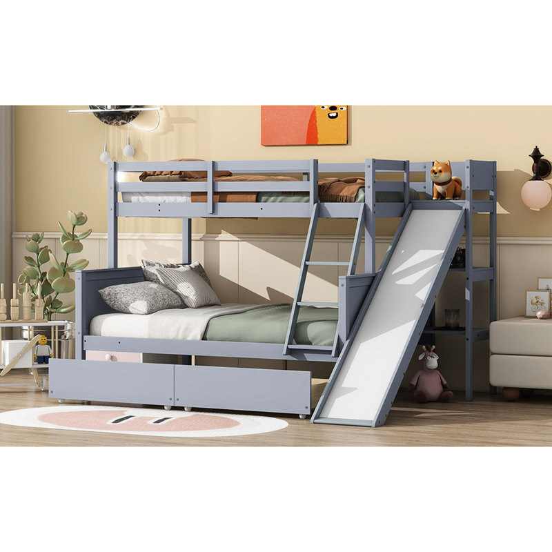 Lit superposé simple au-dessus de double avec 2 tiroirs - Glissière en bois d'hévéa gris, tablettes et tiroirs