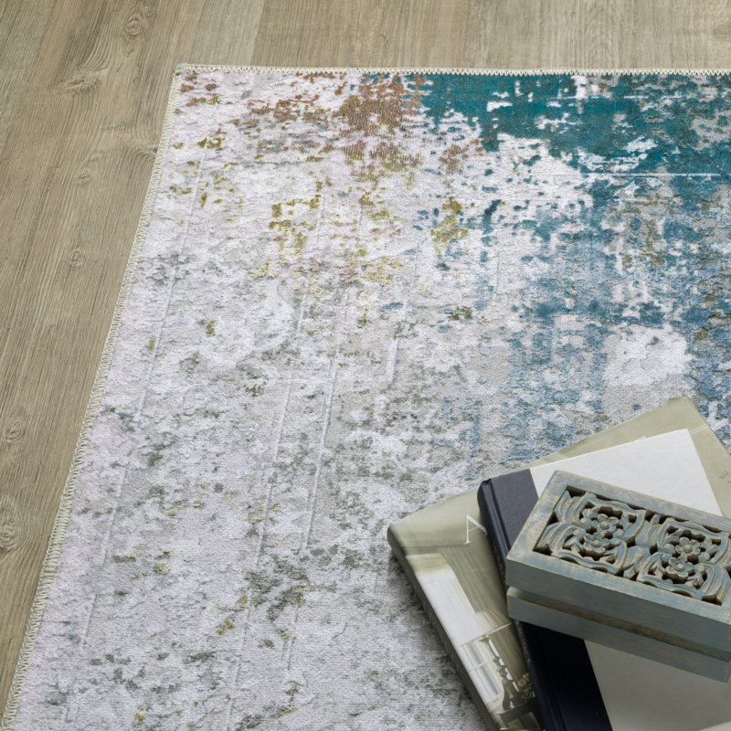 Tapis de couloir antidérapant à motif abstrait ivoire et bleu 2 pi x 8 pi
