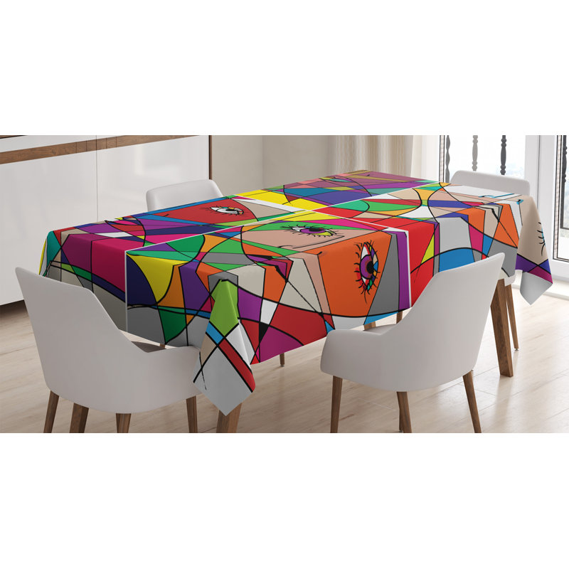 Abstract Woman Face Illustration Behind Stained Glass Styled Human Facial Feature Tablecloth, 90" x 60"