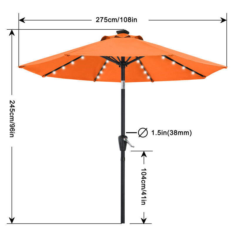 Parasol de marché solaire à DEL Cutshall avec inclinaison et relevage à manivelle, Orange, 9'