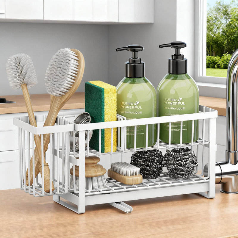 Organisateur d'évier de cuisine à 2 niveaux avec plateau de drain à 360 ° et porte-brosse à vaisselle, support en acier inoxydable antirouille et distributeur de savon pour accessoires de comptoir