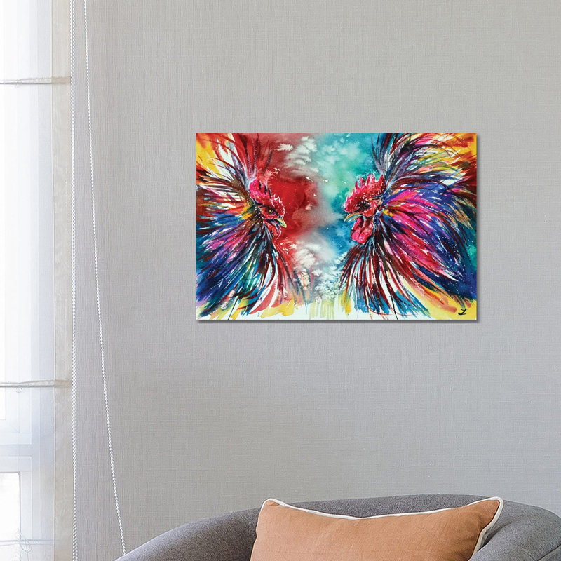 Gamecocks par Zaira Dzhaubaeva - reproduction d'art, Toile tendue, Aucun mat, H 18 po x l 26 po x P 1,5 po