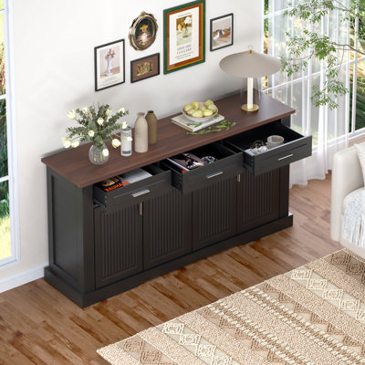 63" Fluted Sideboard Buffet Cabinet With Storage, Coffee Bar Station With 4 Doors And 3 Drawers, Wood Kitchen Storage Console Table For Living Room Dining Room Entryway
