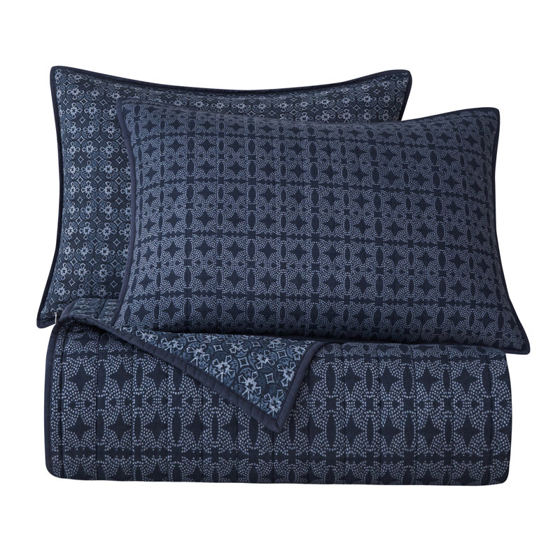 Indigo Blue 100% Cotton Medallion Diamond Print Classic Casual Western Reversible Quilt Set, King  Quilt + 2 King Shams