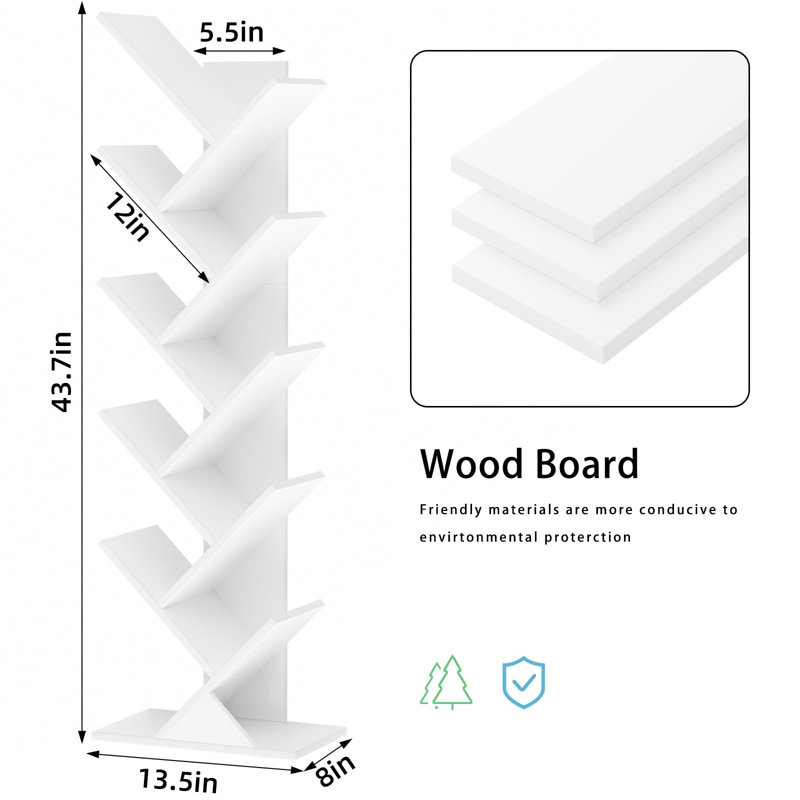 10 Tier Tree Book Shelf, Floor Standing Wood Bookshelf for Narrow Space, Storage Organizer Bookshelves for Books/CDs/Magazine, Bookcase with Shelves for Home Office, Living Room