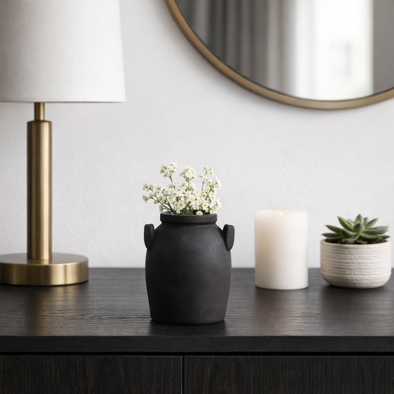 Vase en céramique en grès avec poignées - Accent de poterie décoratif rustique moderne, design minimaliste épuré, décoration décontractée tendance, vase en argile d'inspiration artisanale, pot de présentation polyvalent