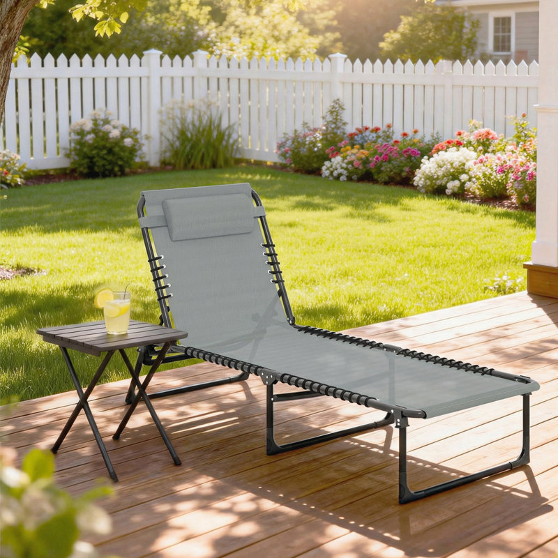 Chaise longue pliante, méridienne avec appui-tête, gris clair