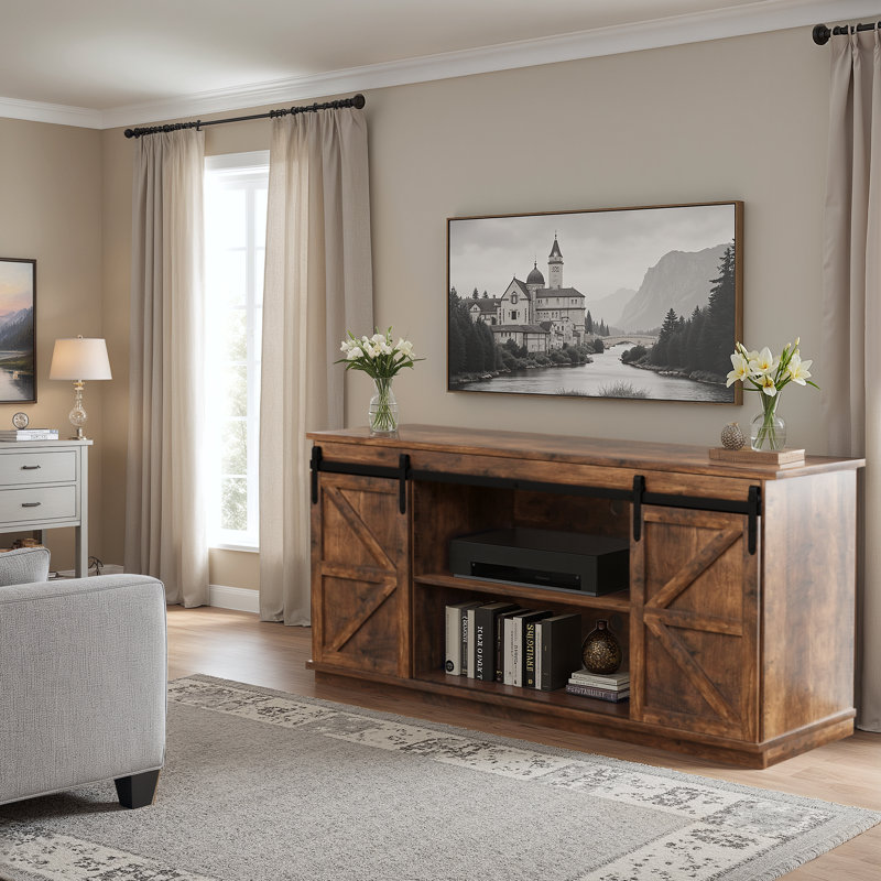 Ben Tv Stand For Tvs Up To 65" With Double Sliding Barn Doors And Storage Cabinets, Brown Wood