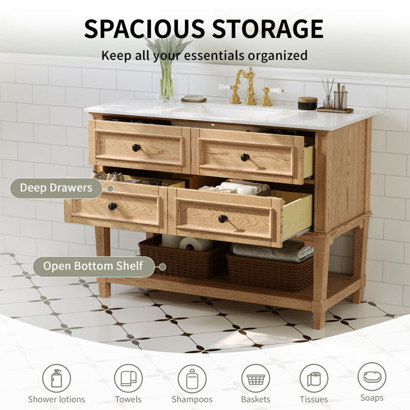 48" Fully Assembled Single Bathroom Vanity with Engineered Marble Top, Natural Wood, Natural wood