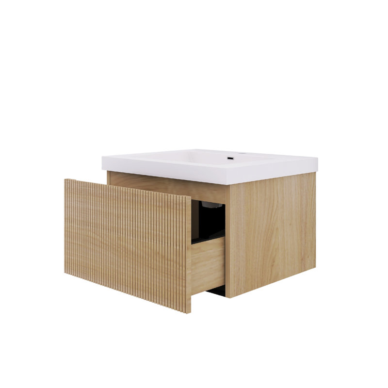 Meuble-lavabo mural en chêne naturel avec comptoir en résine de pierre et tiroirs à fermeture en douceur, Naturel, 24", Blanc