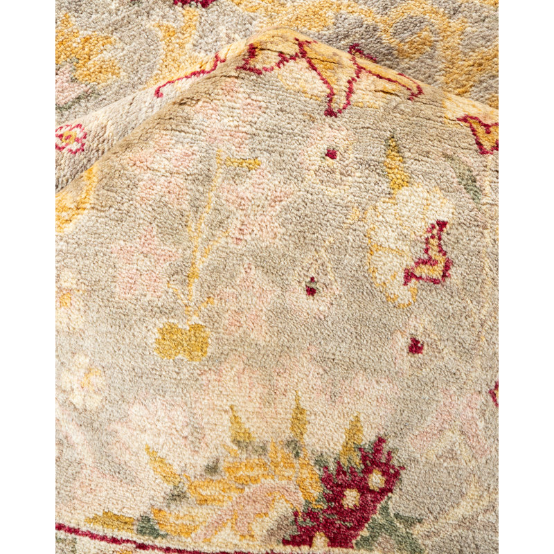 Tapis unique en laine noué à la main 9 pi x 13 pi 5 po nouvel âge Keenan - ivoire / rouge / rose