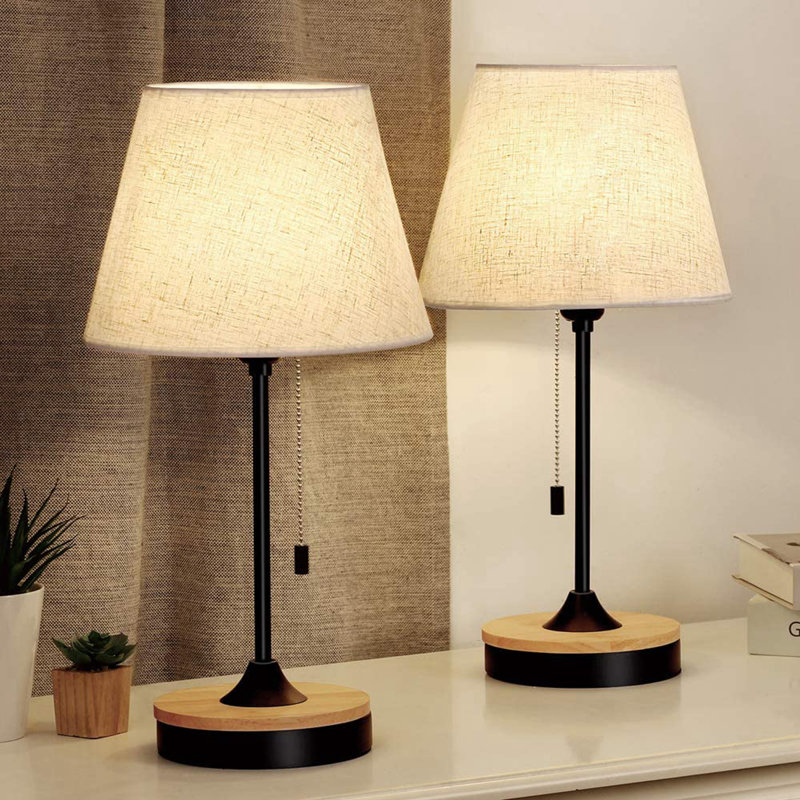 Bernartice Desk Lamps with Neutral Linen Lampshade, Metal and Wood Base