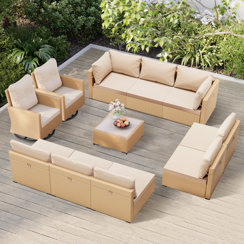 Ensemble de conversation pour 10 personnes avec coussins, Jaune, Beige