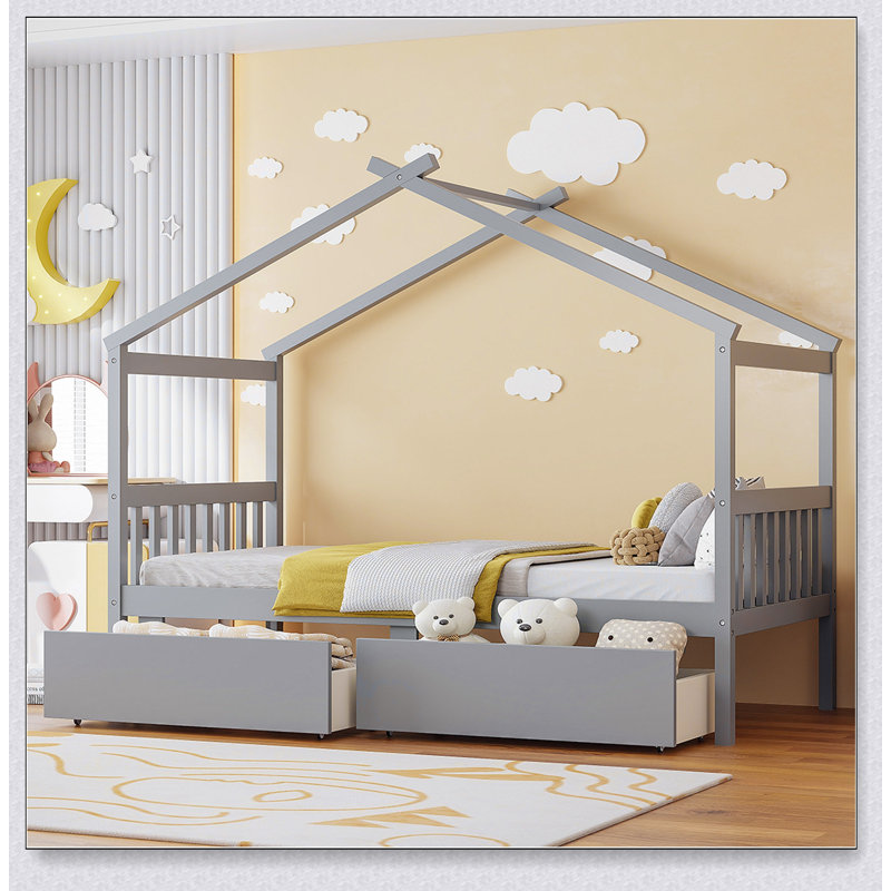 Wooden House Bed With Drawers, Gris, Lit simple