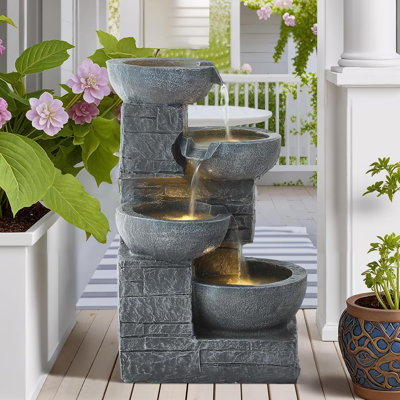 Outdoor Water Fountain, 4-tier Cascading Rock Bowls Waterfall Fountains W/led Lights For Garden Yard Decor, Indoor Floor-standing Resin Water Feature For Patio Deck Porch And Home