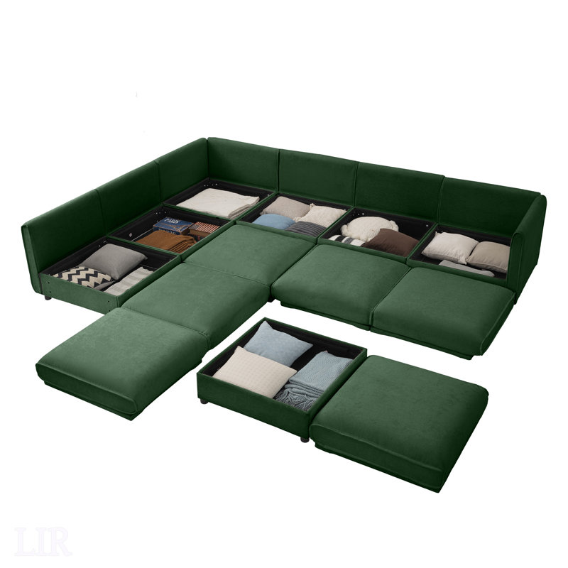 Canapé modulaire moderne 6 pièces avec rangement, tissu en chenille vert doux pour salon contemporain, modulaire