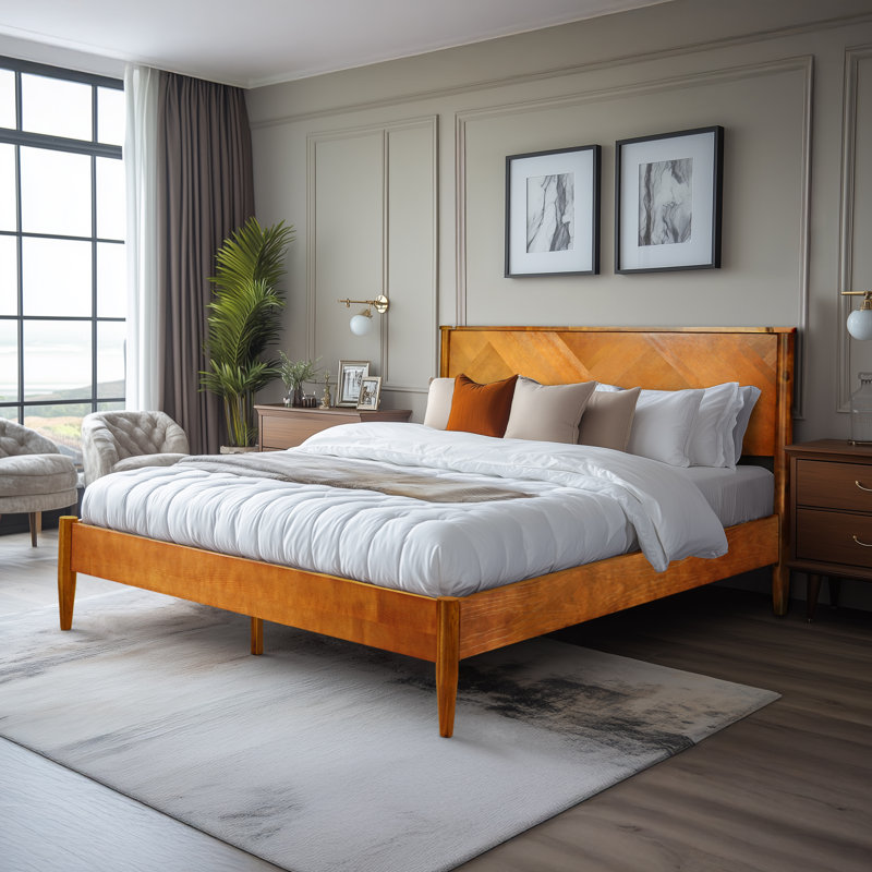 Kalleen Solid Wood Bed Frame with Artistic Patterned Headboard, Caramel, King