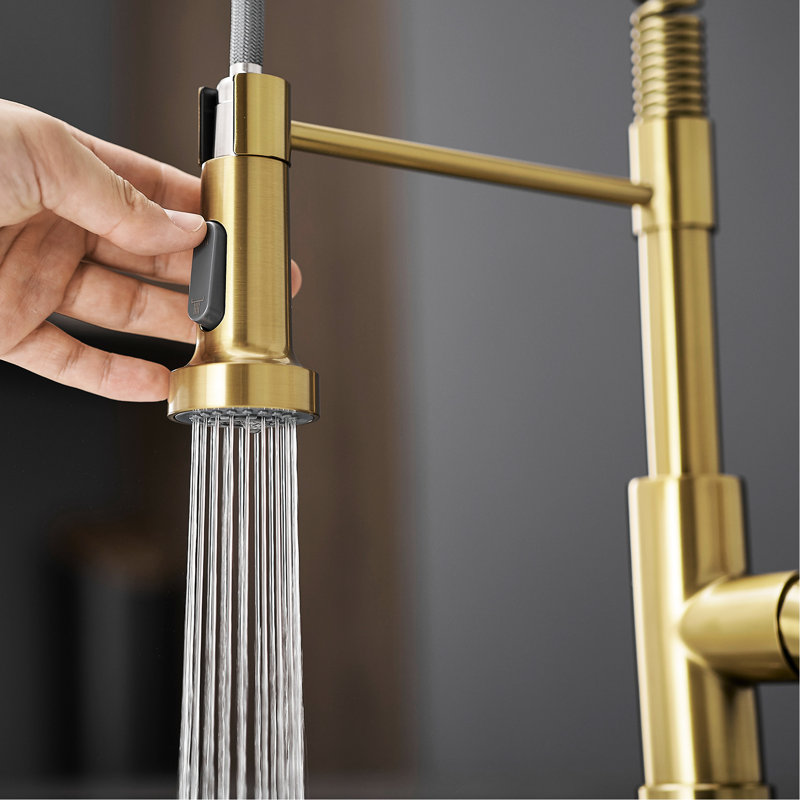 Contemporary Brushed Gold Kitchen Faucet, Pull Down , Stainless Steel, Ceramic Valve Aerated Stream Feature, Gold