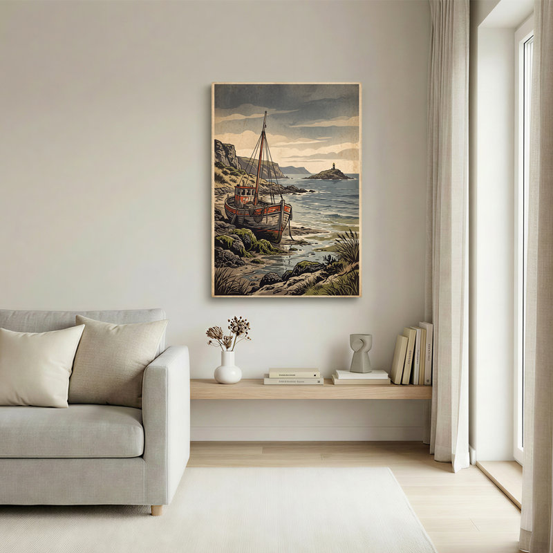 Art sur toile, bateau en bois orange gris sur une côte rocheuse près du phare, H 30 po x l 20 po