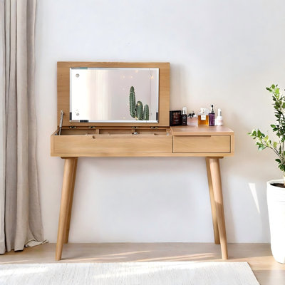 Meuble-lavabo en bois massif couleur chêne naturel avec miroir rabattable