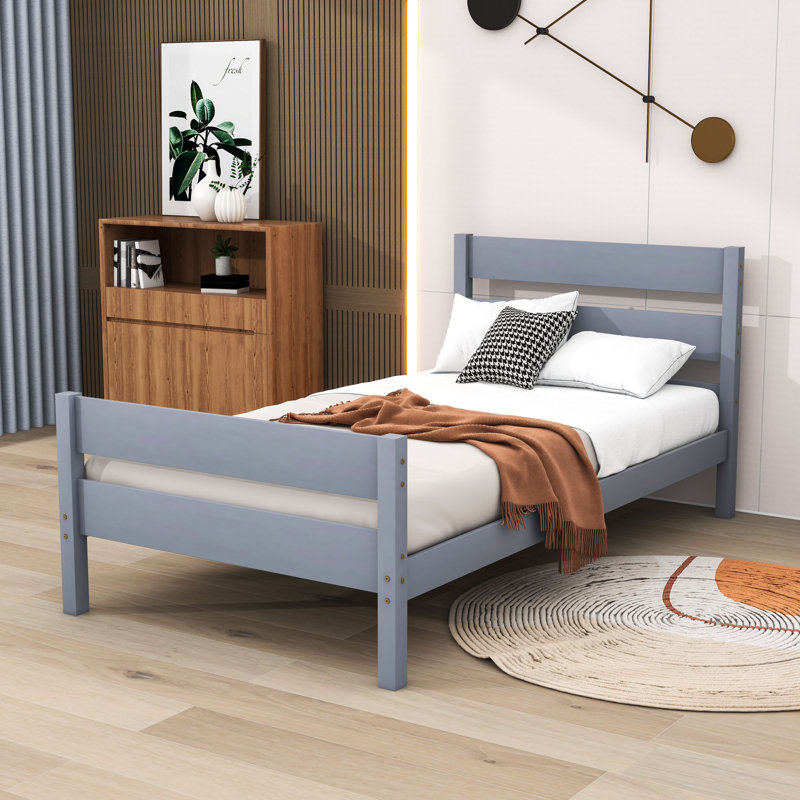 Lit plateforme en bois avec tête de lit et pied de lit Cyriah, gris, Simple
