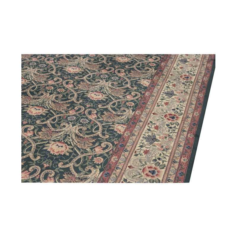 Hand-Knotted High-Quality Green and Cream Area Rug