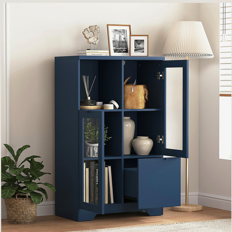 Armoire peinte en panneau de fibres à densité moyenne avec portes et tiroir en verre, espace de rangement ouvert, Bleu