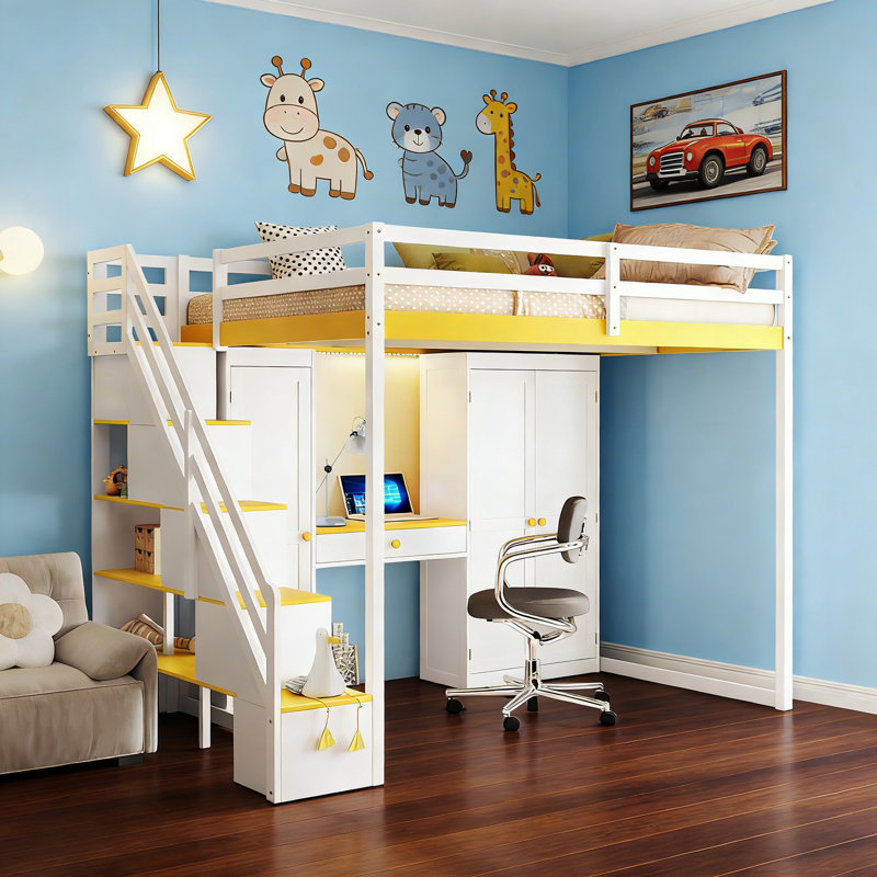 Lit mezzanine double avec escalier de rangement, coiffeuse intégrée avec miroir et tiroir, garde-robe et armoires, ports et lumières de chargement USB