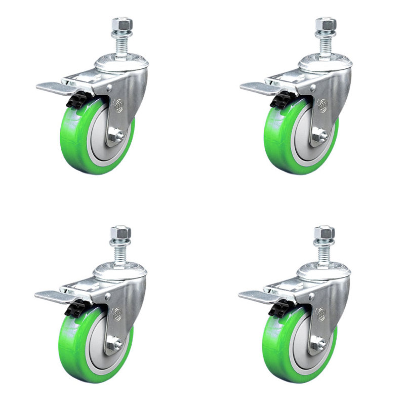 Ensemble de roulettes à tige filetée en polyuréthane 4 po ½ pouce, Vert