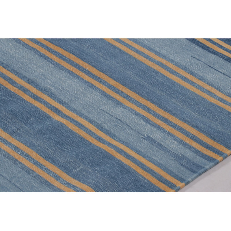 Rug & Kilim’S Indian Dhurrie Rug In Slate Blue And Ochre Stripes