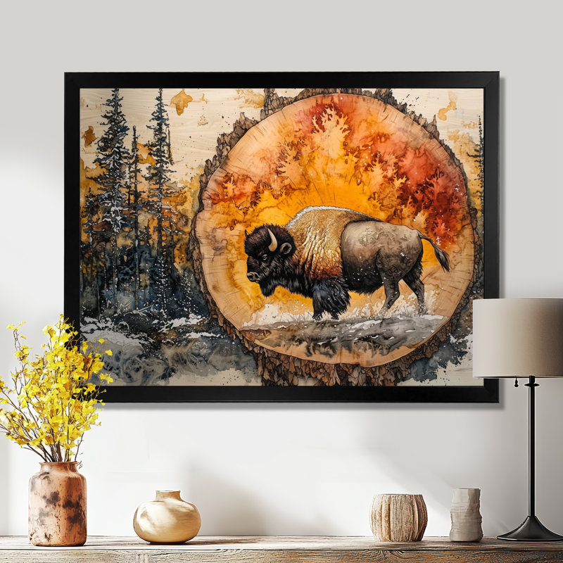 Bison américain dans une glissade en bois, paysage de forêt I - bison, art mural, H 16 po x l 32 po, Cadre simple, Noir