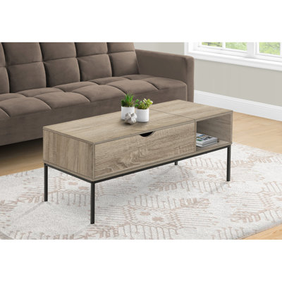 Table basse rectangulaire à plateau relevable taupe foncé, base en métal noir, table de rangement cachée de 42 po avec plateau relevable, stratifié, structure moderne, option dissimulée